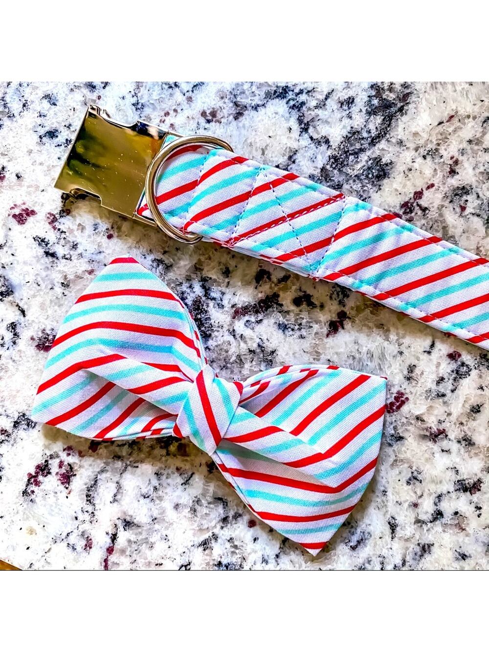 NWT • Red + Mint Striped Dog Bow + Collar